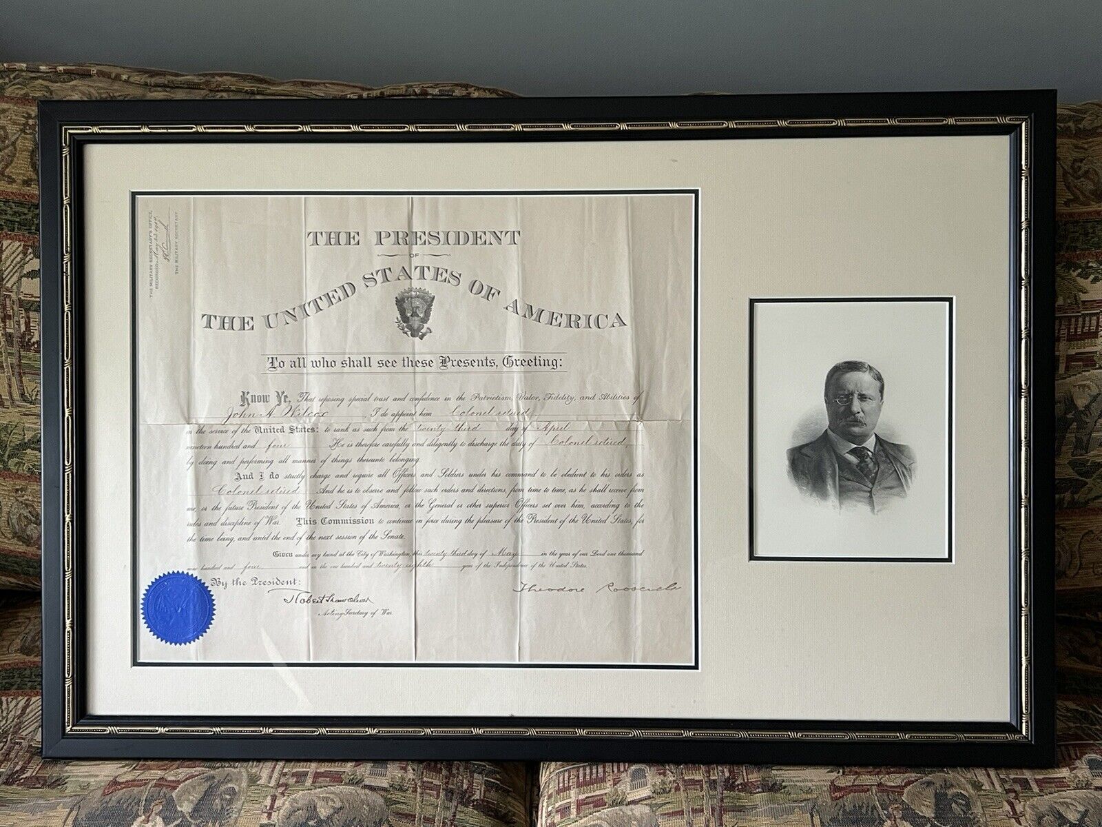 Teddy Roosevelt Signed Military  Appointment 1904 Framed/Matted