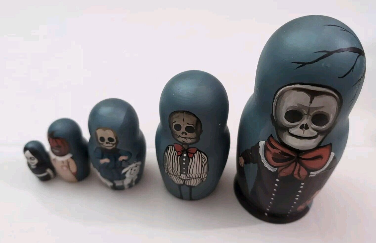 Set Of 5 Russian Nesting Dolls, Skeleton Family, Creepy Halloween, Gothic, Hand