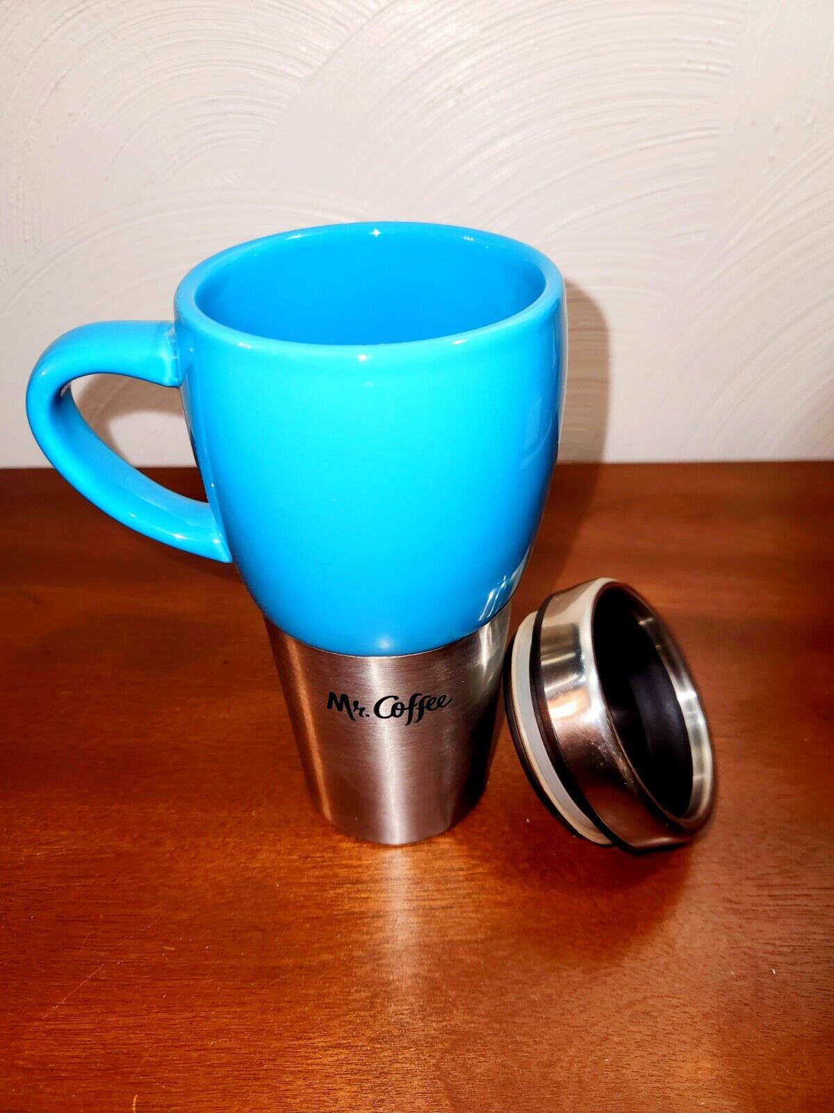 Mr. Coffee Teal Blue Ceramic/Stainless Travel Mug Cup Tumbler with Lid Very Nice