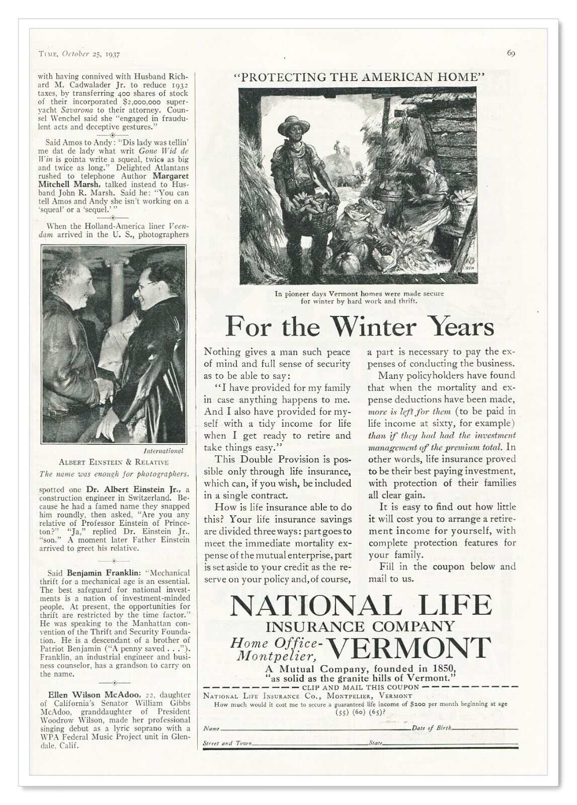 Print Ad National Life Insurance Vermont Vintage 1937 3/4-Page Advertisement