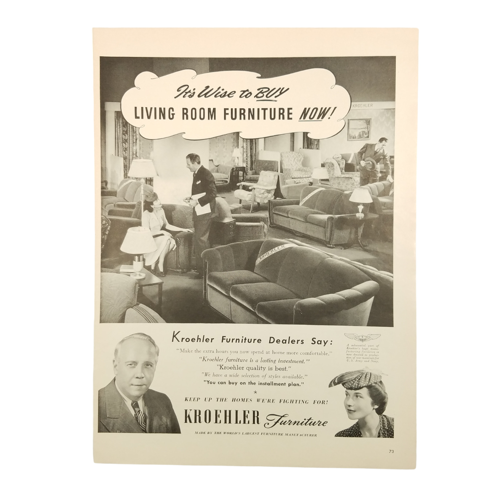 1942 Kroehler Furniture Vintage Print Ad Worlds Largest Furniture Manufacturer