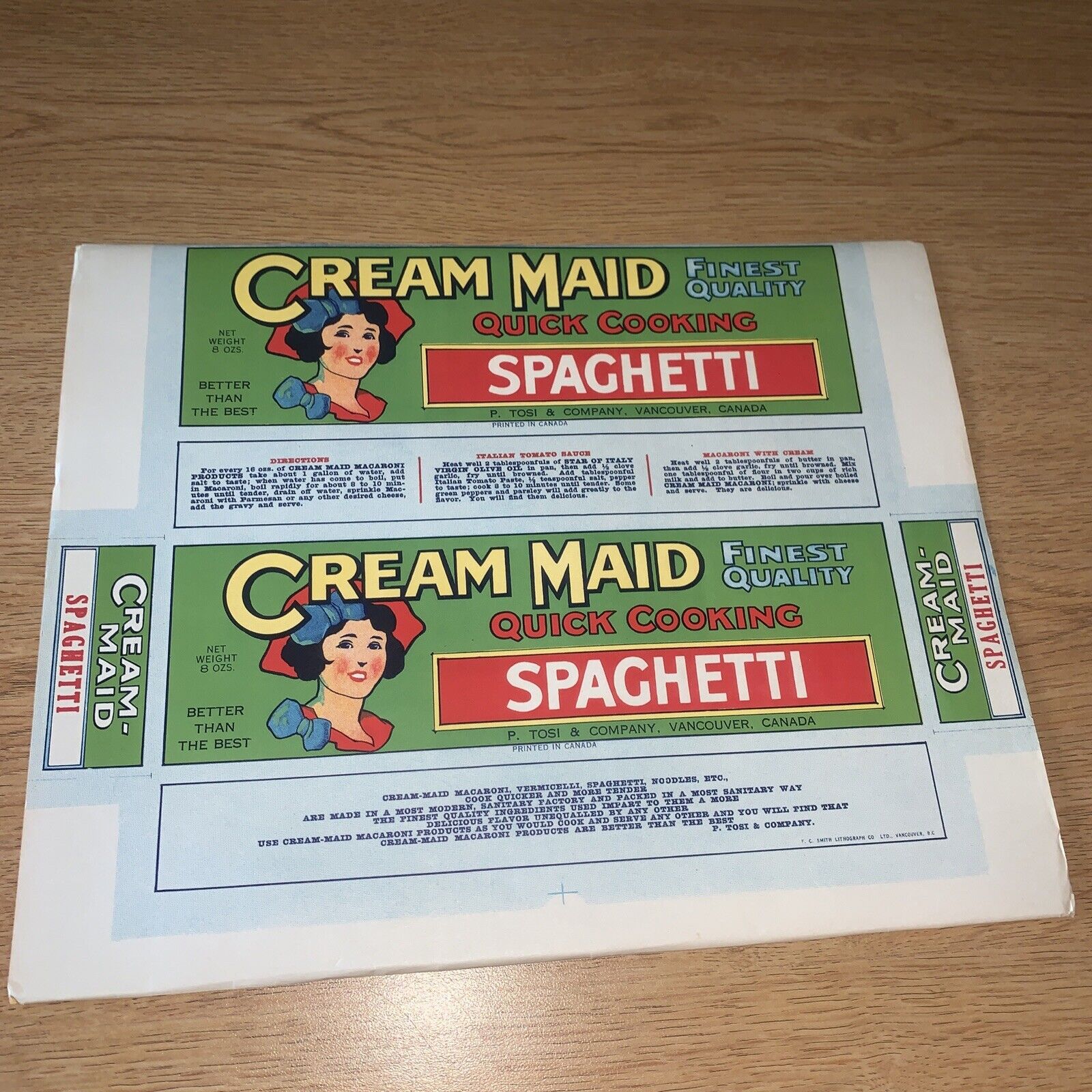 Vintage Cream Maid “Spaghetti Box Label” P. Tosi & Company. Vancouver, Canada