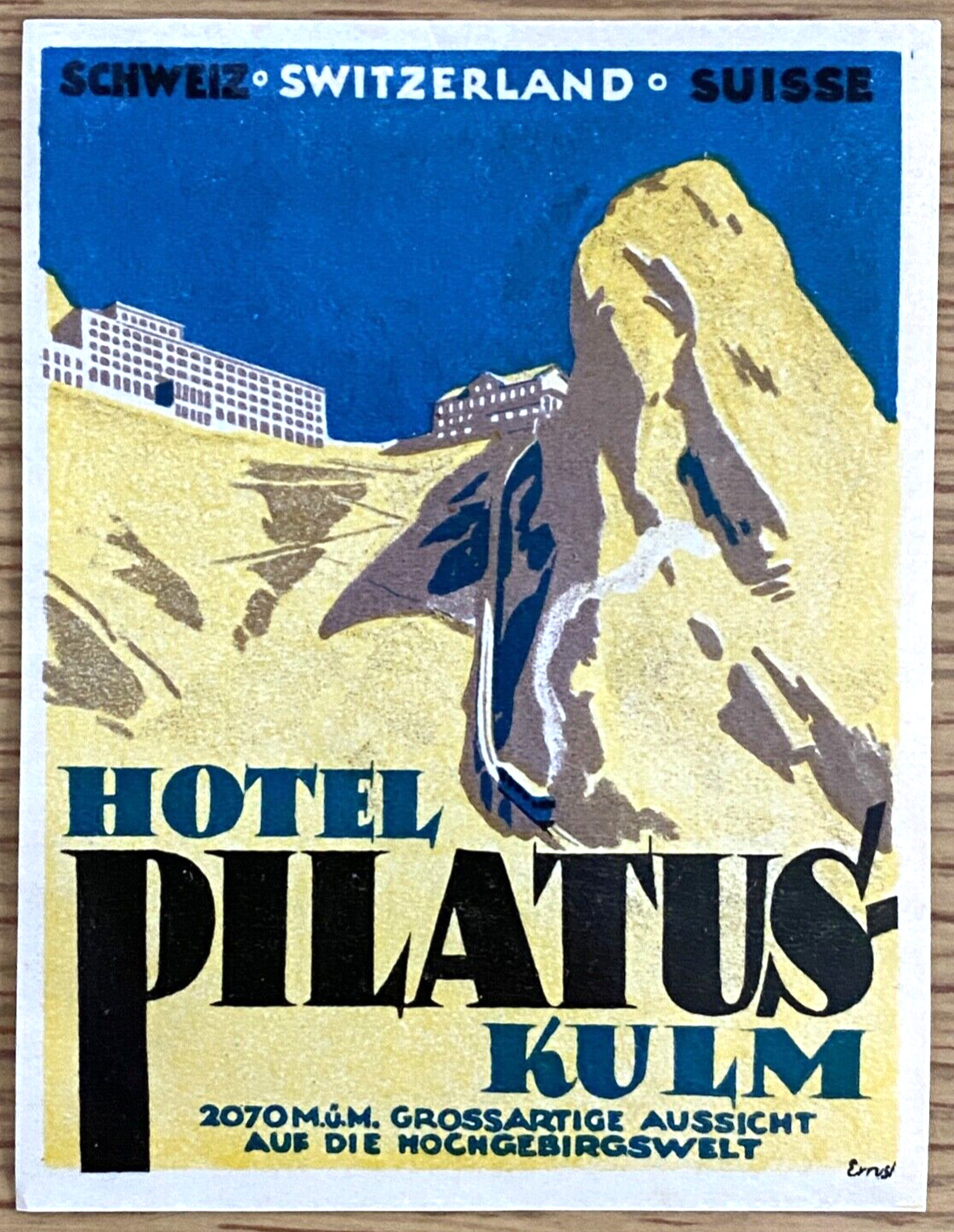 1930s HOTEL PILATUS-KULM vintage luggage label SWITZERLAND SUISSE drawn by Ernst