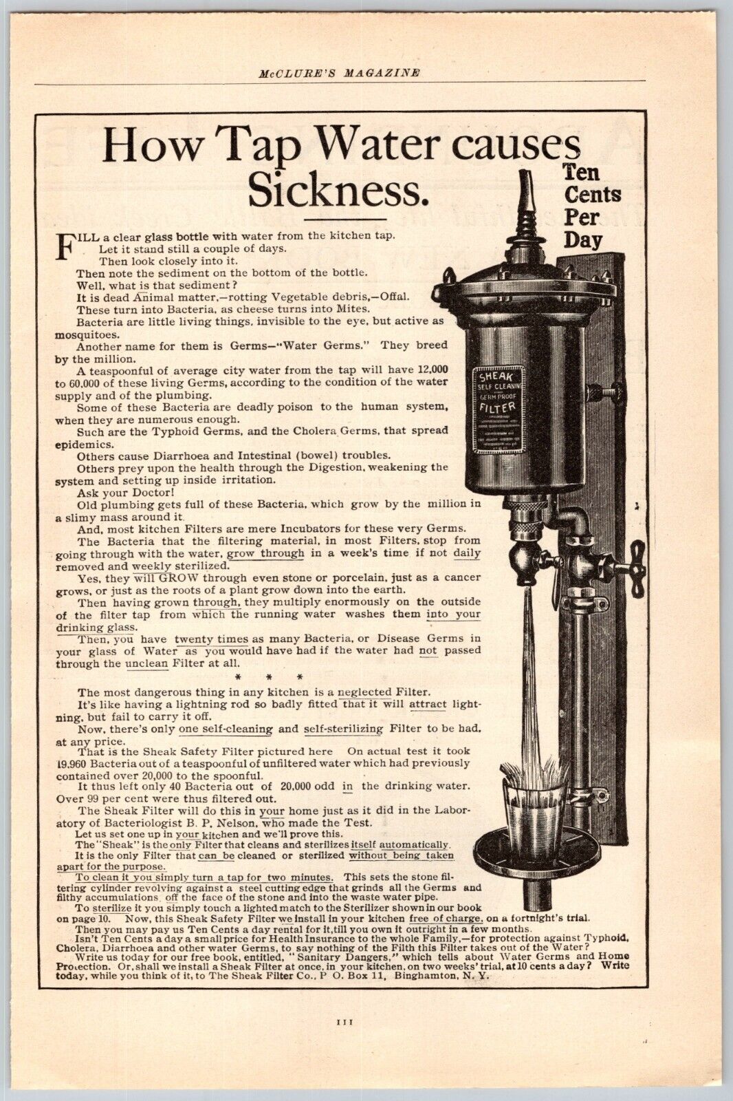 1905 Print Ad Sheak Filter Co Binghampton NY How Tap Water Causes Sickness
