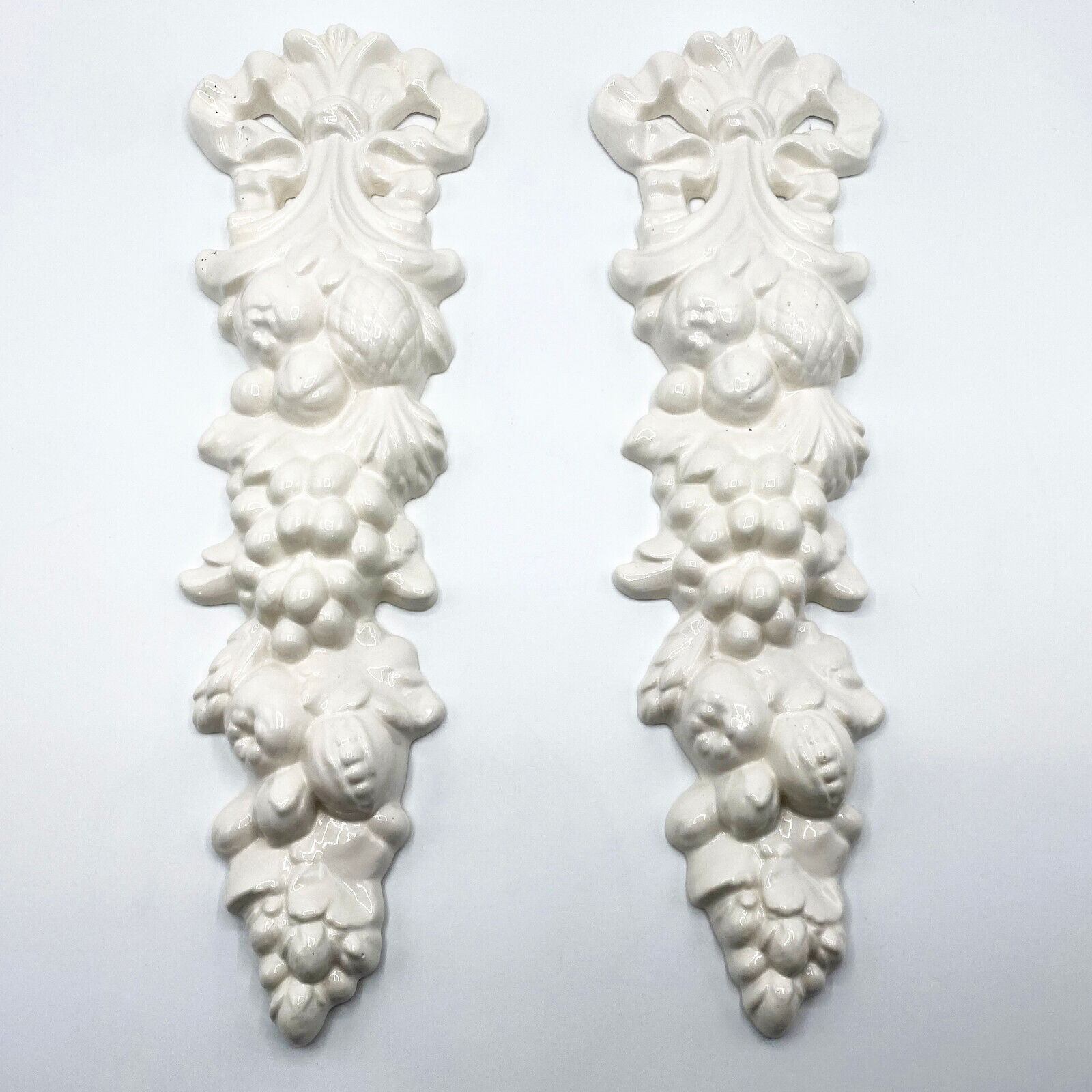 Vintage 70s Pair of Glossy White Ceramic Wall Hangings - Bow Ribbon Fruit Leaves