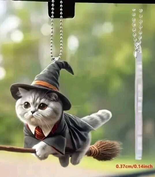 2D Acrylic Magic Flying Witch Cat Hanging Ornament Pendant Halloween Goth Auto