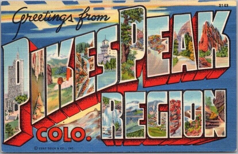 1942 PIKES PEAK REGION, Colorado Large Letter Postcard Sanborn Linen