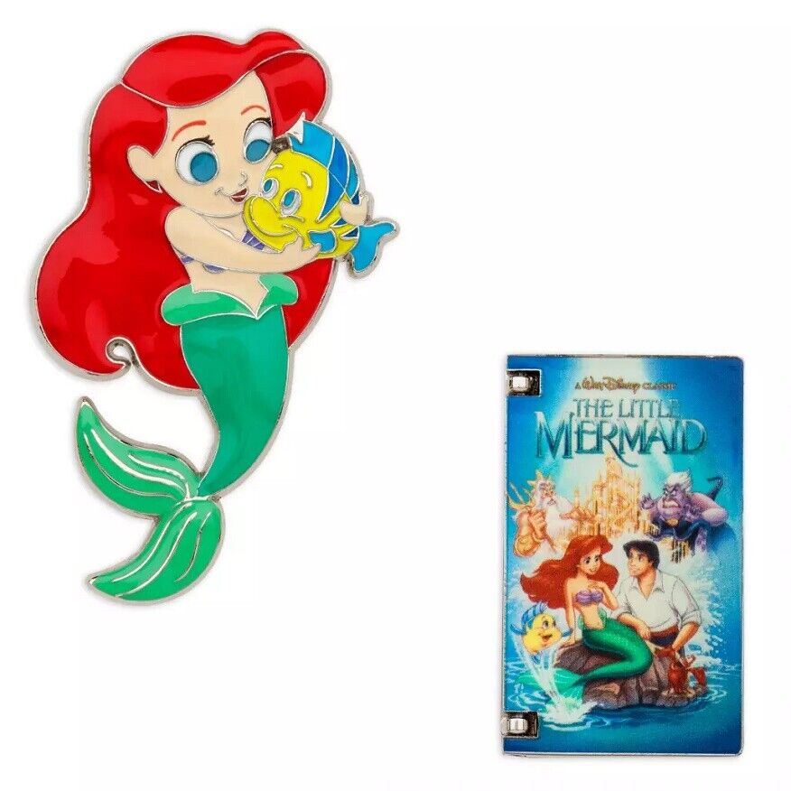 New Disney The Little Mermaid Ariel and Flounder VHS Pin Set Limited Release 
