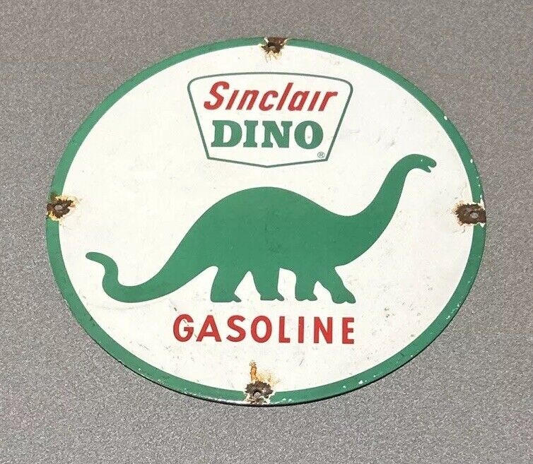 VINTAGE 12” SINCLAIR DINOSAUR GASOLINE MOTOR OIL PORCELAIN SIGN CAR GAS TRUCK