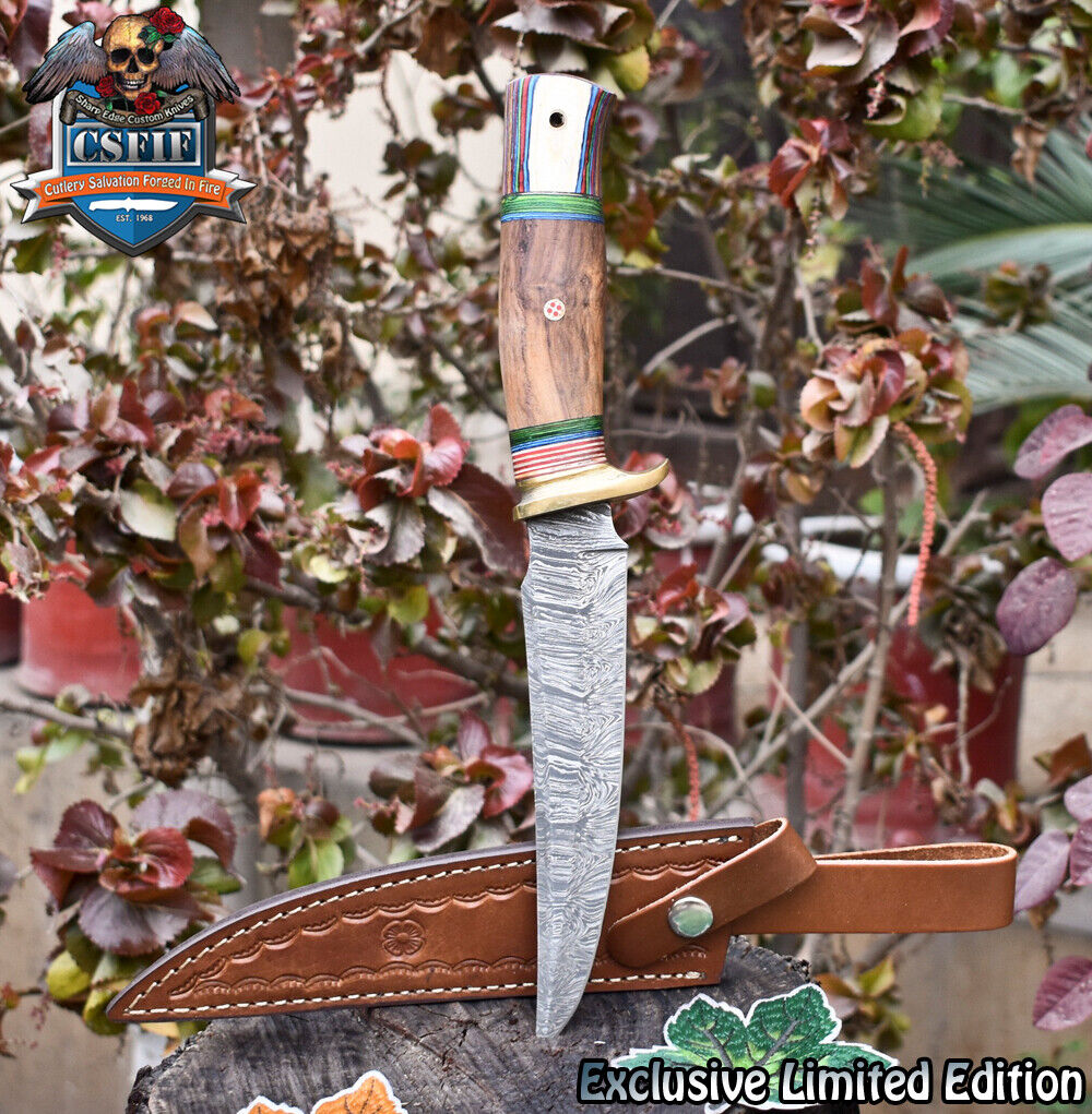 CSFIF Custom Bowie Knife Twist Damascus Walnut Wood Brass Guard Fishing