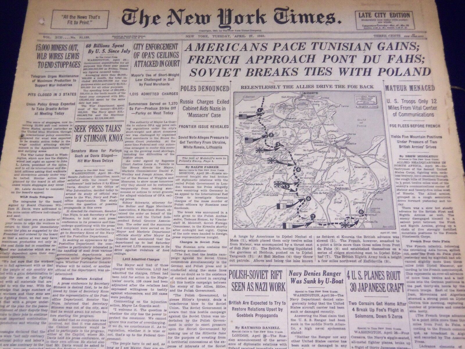 1943 APRIL 27 NEW YORK TIMES - AMERICANS PACE TUNISIAN GAINS - NT 1762
