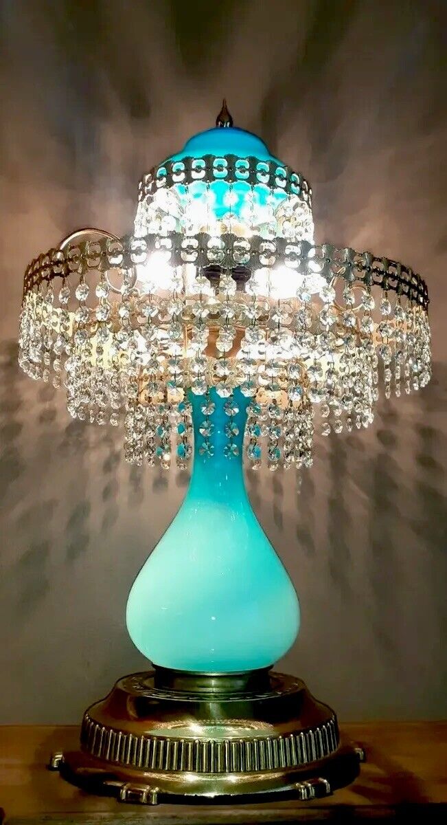 Antique/Vtg Victorian Blue Opaline Glass Crystal Parlor Chandelier Lamp Light