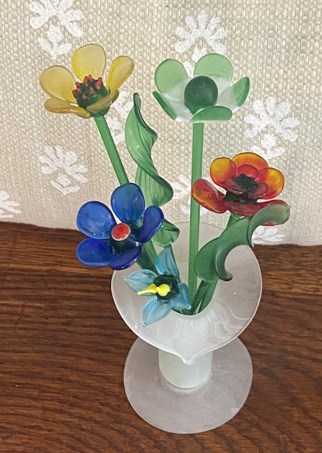 Vintage Hand Blown Glass Flower Bouquet in Frosted Vase Valentine