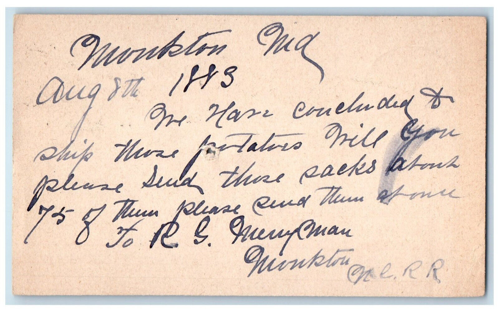 1883 One Cent Re-Entry Monkton Maryland MD Baltimore MD Antique Postal Card