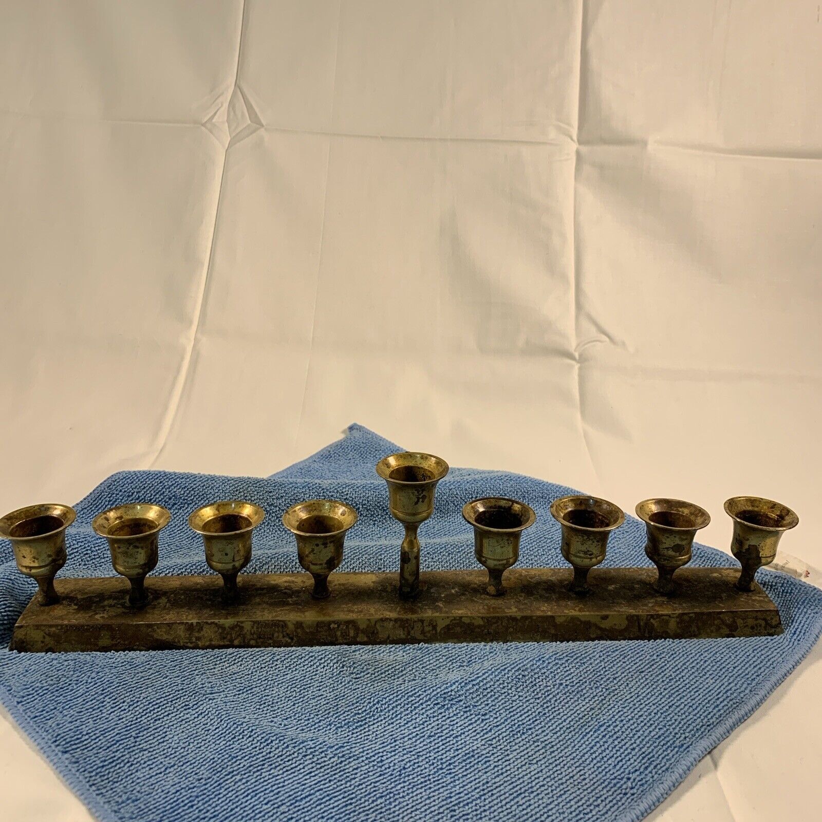 Vintage Brass Candelabra 9 Candle Stick Holder Set 14.25” Long 3” Tall.