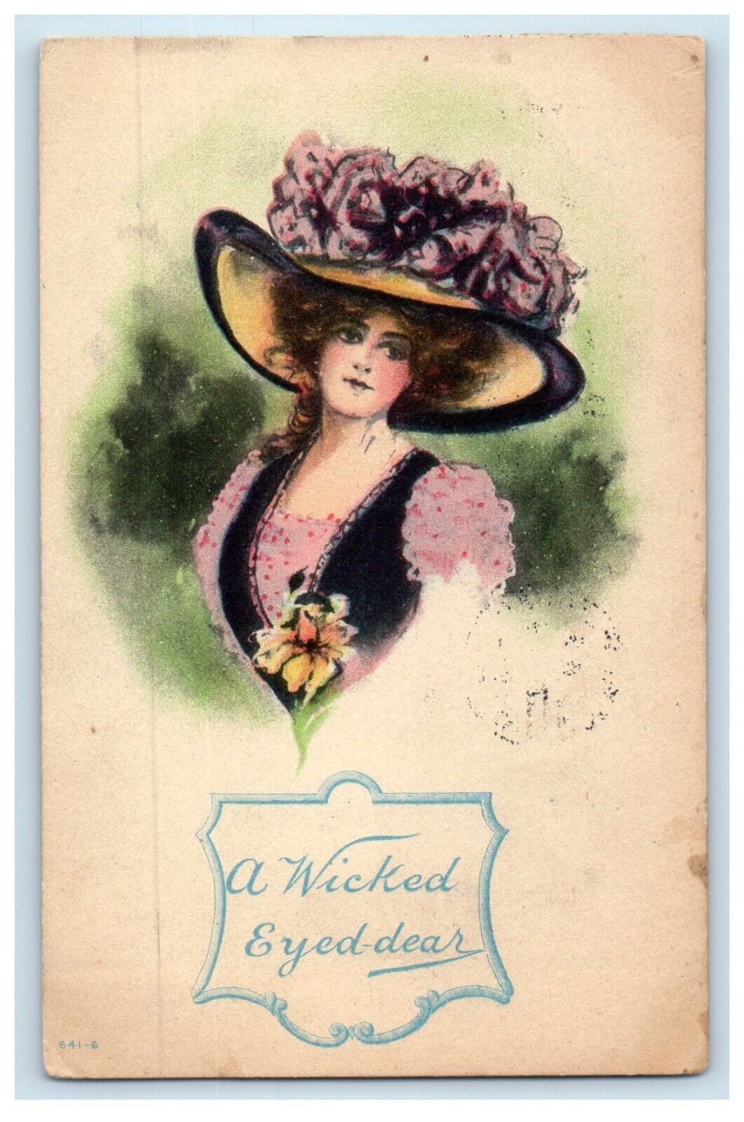 c1910's Victorian Girl Big Hat Flowers Wicked Eyed Dear Posted Antique Postcard