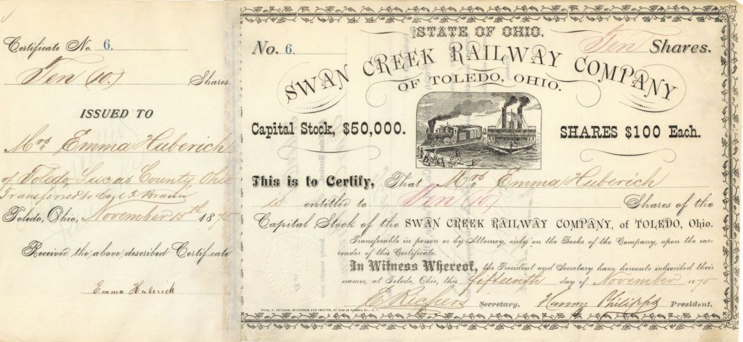 Swan Creek Railway Co. of Toledo, Ohio - Stock Certificate - Railroad Stocks