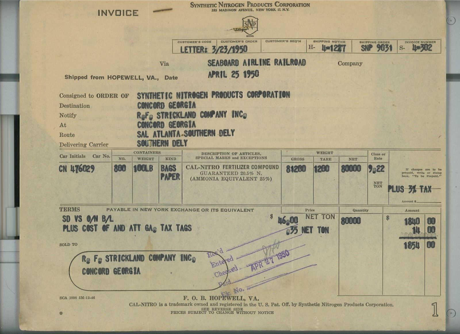 1950 Synthetic Nitrogen Products Corp New York Invoice Cal-Nitro Fertilizer A41