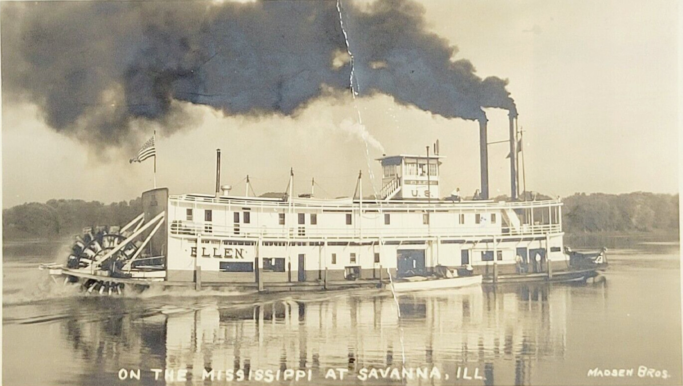Rare c1920s RPPC Postcard STEAMBOAT ELLEN Steamer River Savanna Illinois IL