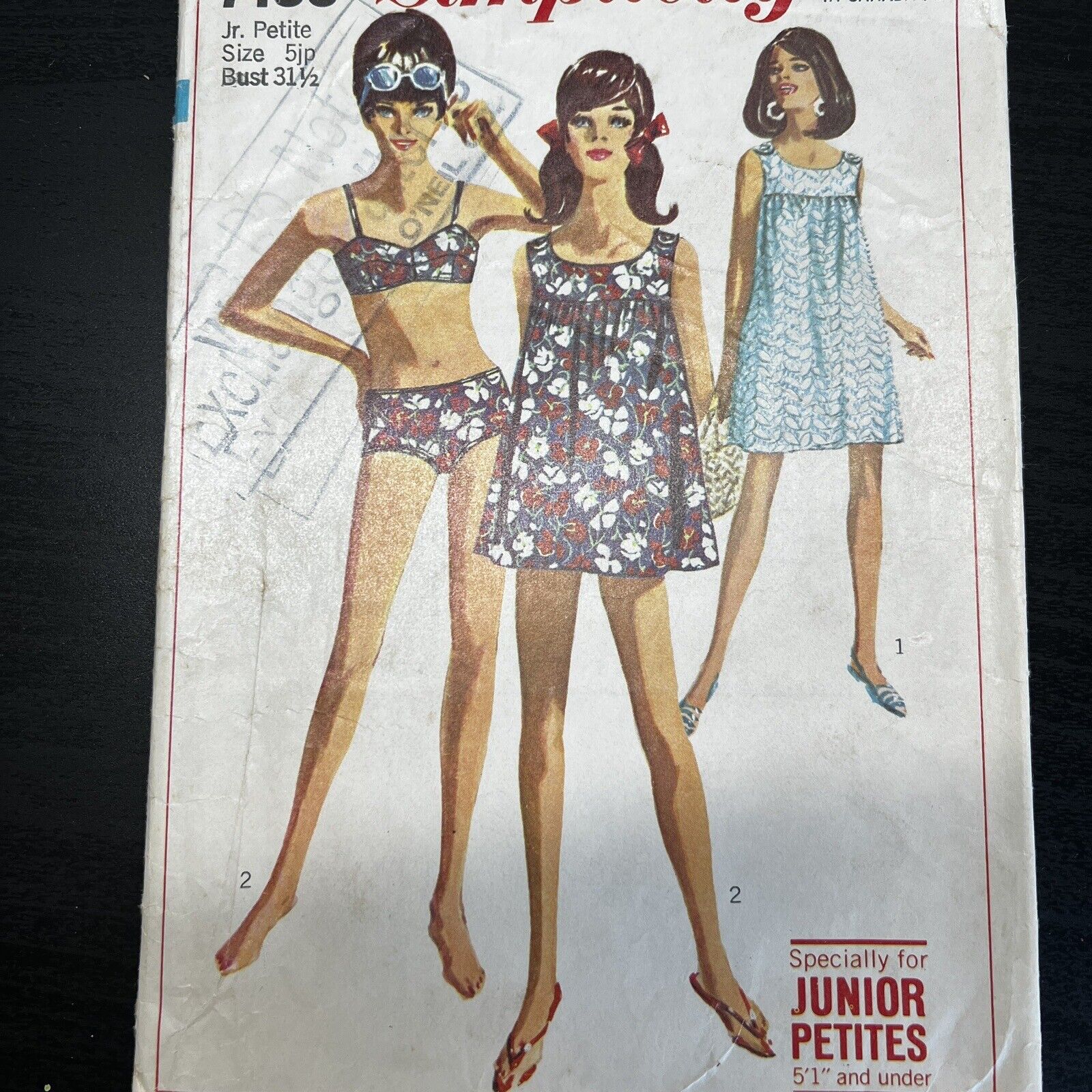 Vintage 1960s Simplicity 7106 Mod Beach Dress + Bikini Sewing Pattern 5 Jr P CUT