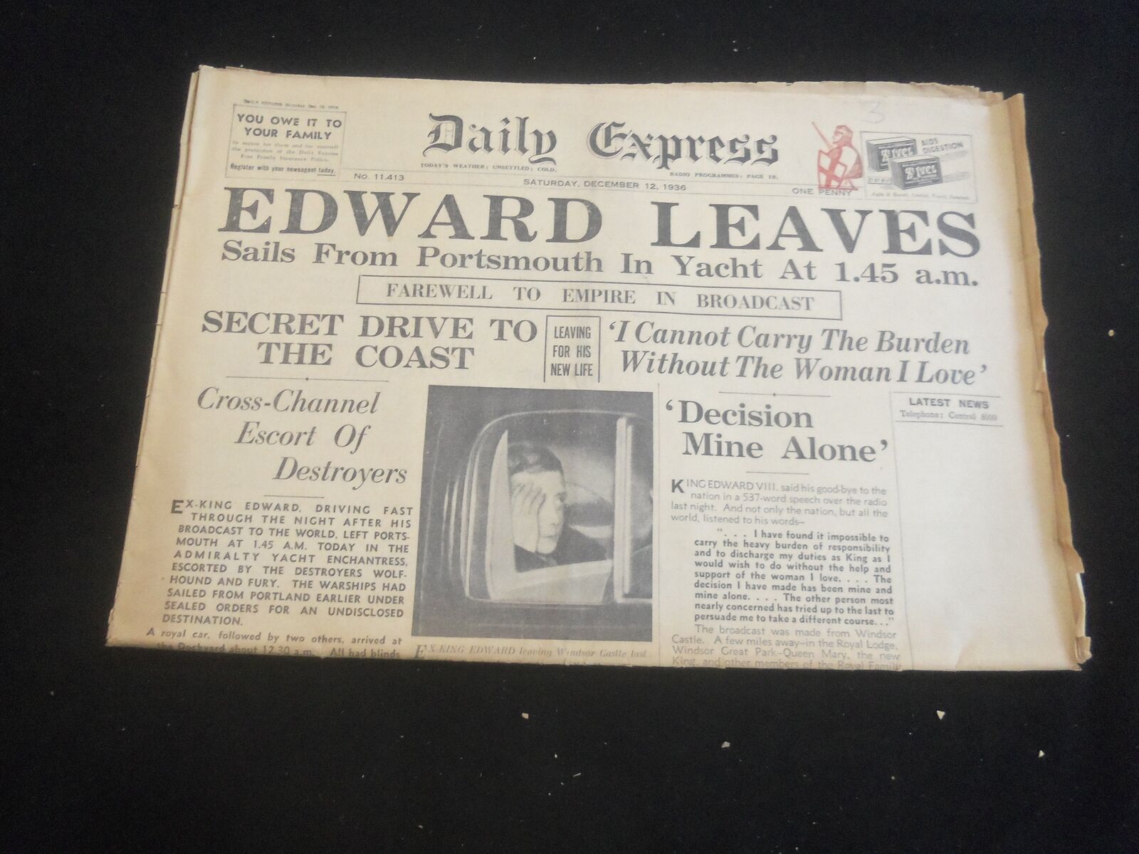 1936 DECEMBER 12 DAILY EXPRESS NEWSPAPER - LONDON - EDWARD LEAVES - NP 5756