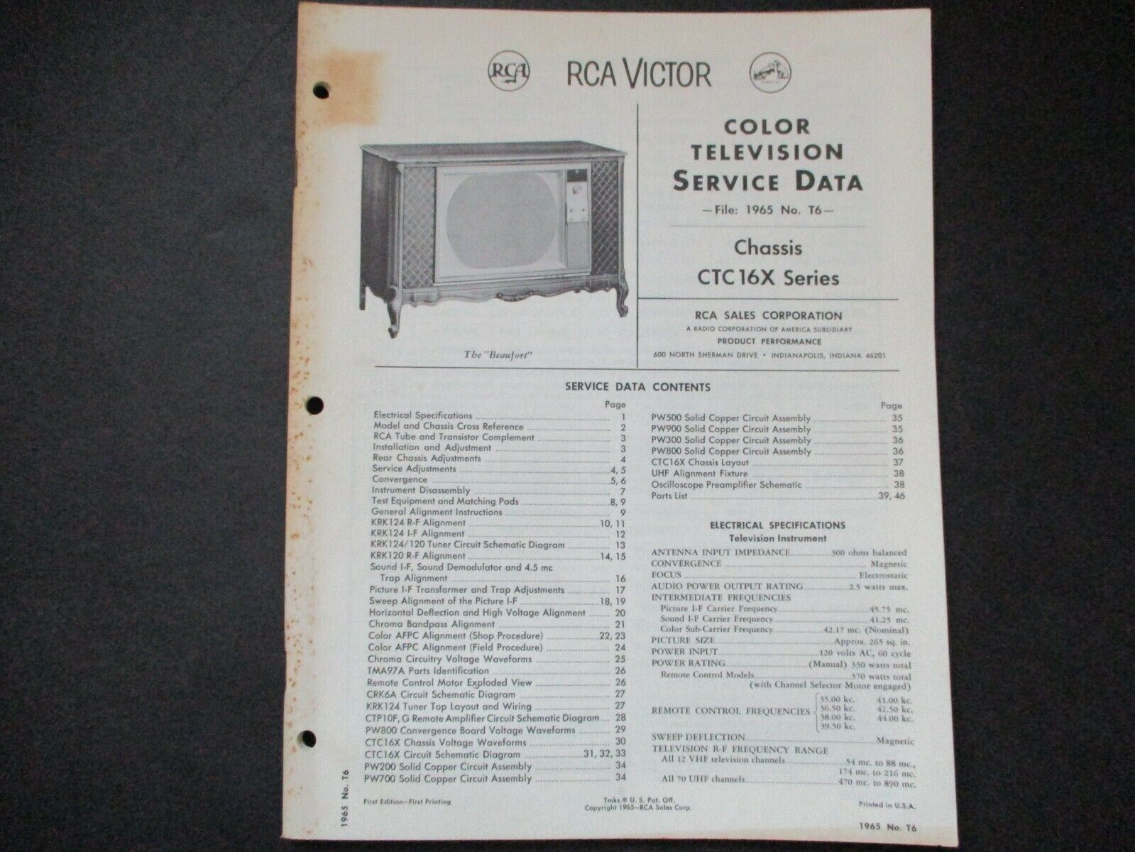 RCA Victor Color Television Service Data 1965 No. T6 CTC16X Series manual