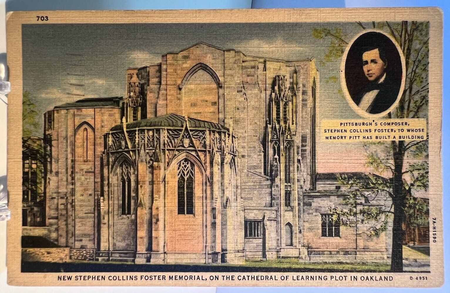 Vintage c1938 Linen Postcard Pittsburgh PA Stephen Collins Foster Memorial