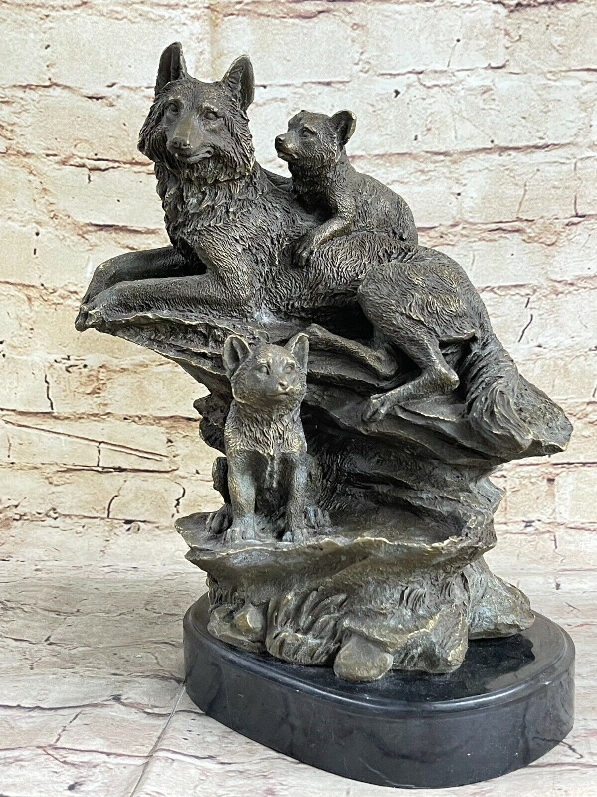 HOWLING WOLF BABY STATUE Wolves Cub Sculpture Figure Figurine Bronze Artwork NR