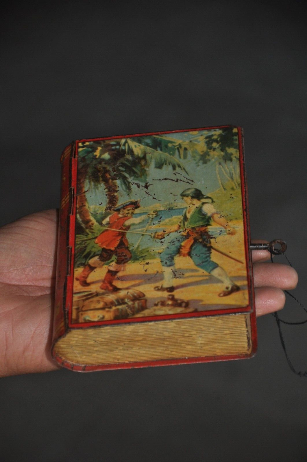Vintage Chad Valley Pirates Litho Book Shape Saving Safe/Coin Tin Box,England