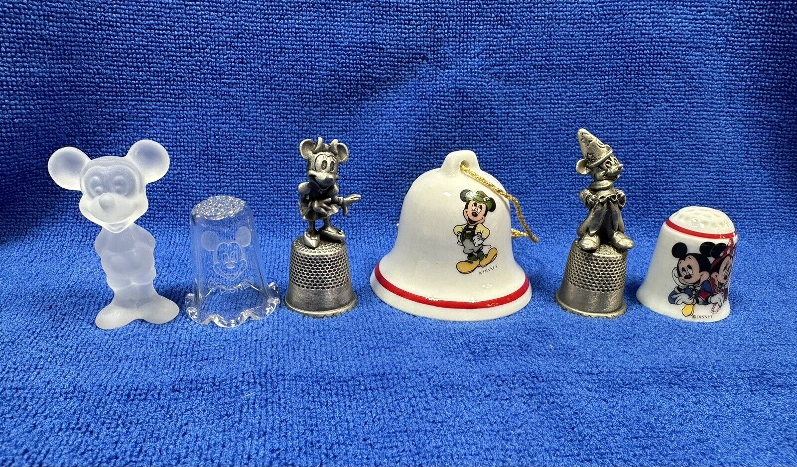 Lot Of 4 Thimbles 1 Bell And A Frosted Glass Mickey
