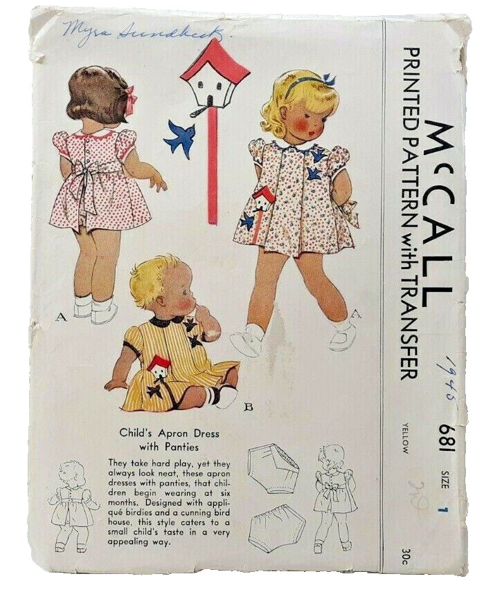 1939 McCall Sewing Pattern 681 Childs Apron Dress & Panties Sz 1 20 Breast 7113
