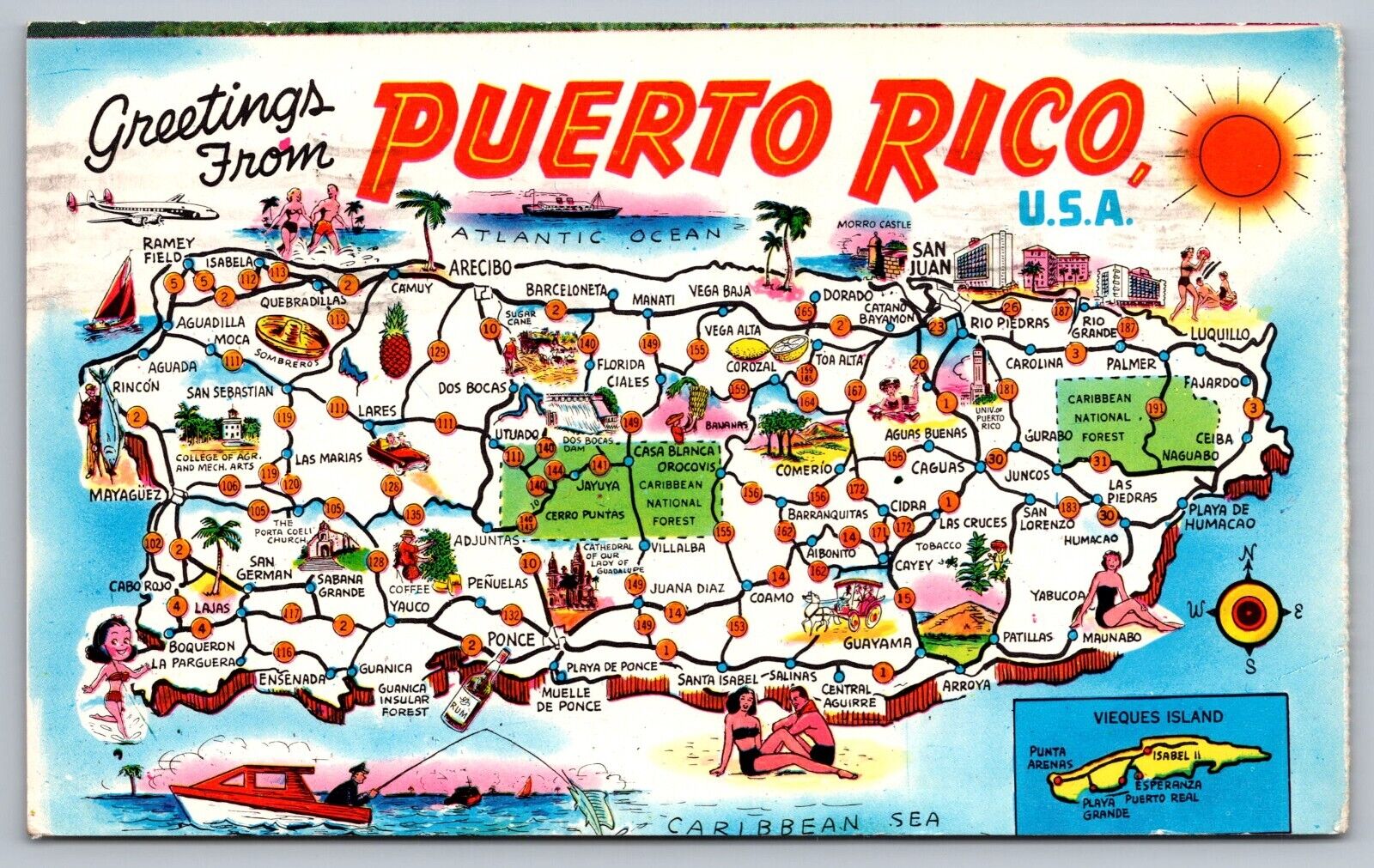 Greetings from Puerto Rico-VTG Pictorial Map Postcard-w/Landmarks & Attractions