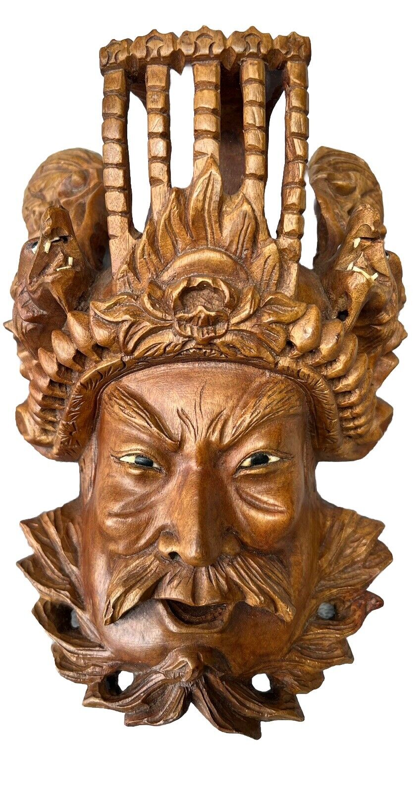 Vintage Chinese Asian Oriental Wooden Hand Carved Mask Wall Hanging Emperor Man