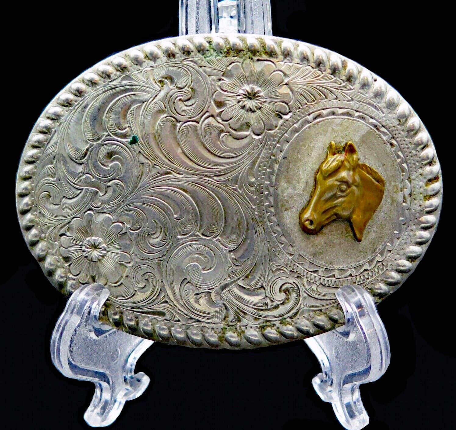 Horse Head Western Filigree Wages German Silver Vintage Belt Buckle