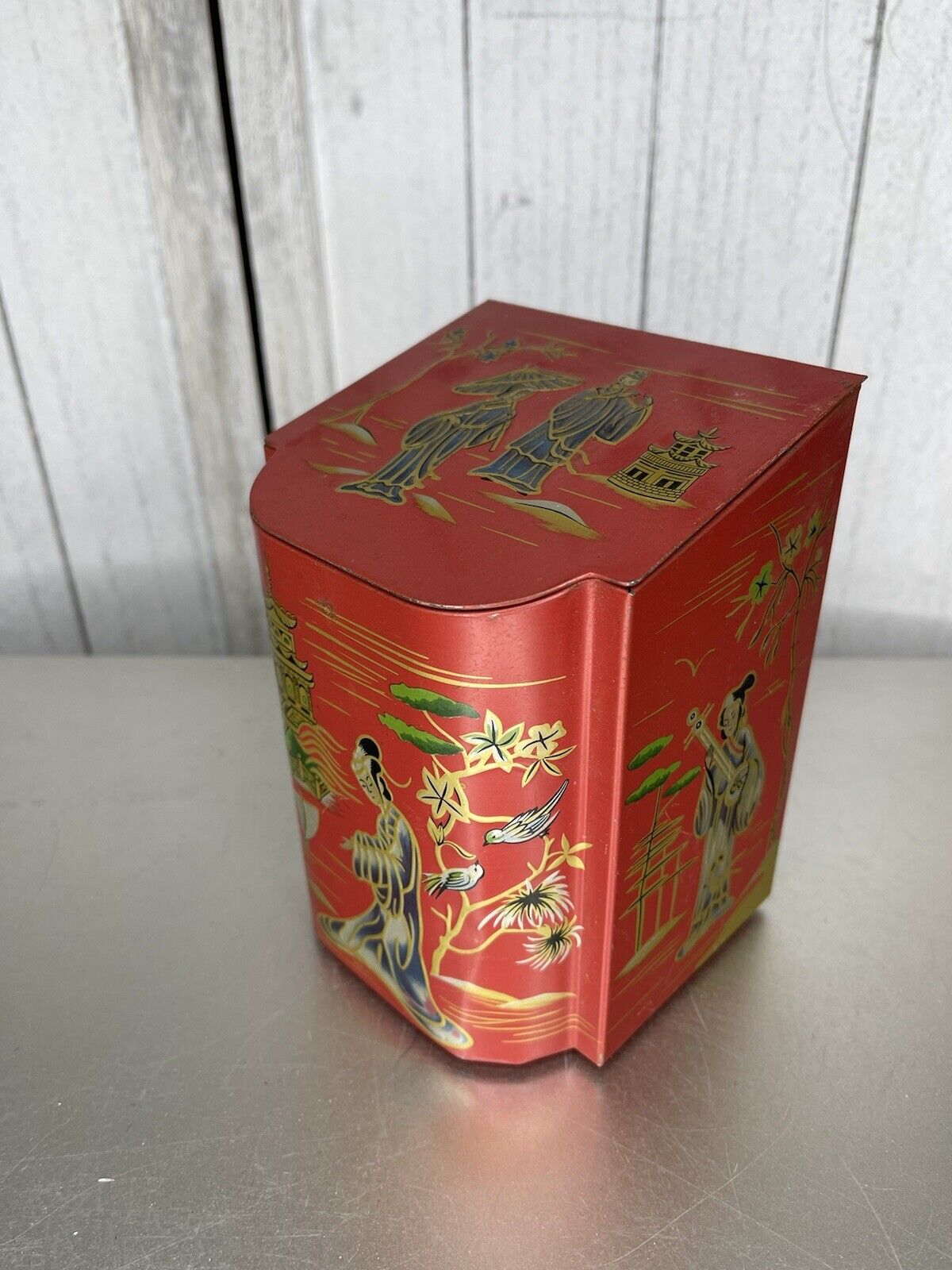 Vintage Chinese Tea Tin Assymetrical Box Red Gold with Hinged Flip Lid