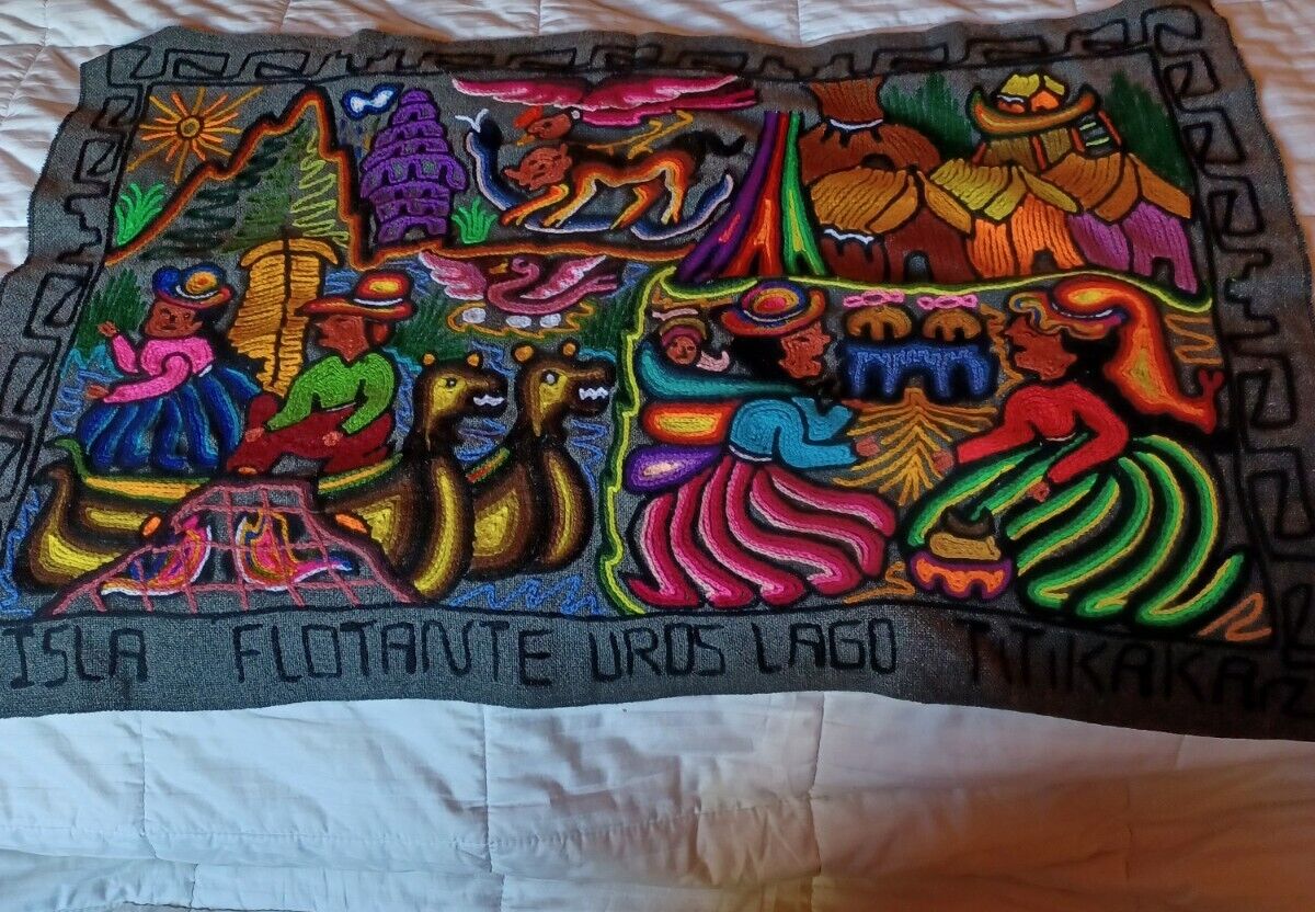 Rare Original Peruvian Handcrafted  Wool Embroidered Textile 38x26\
