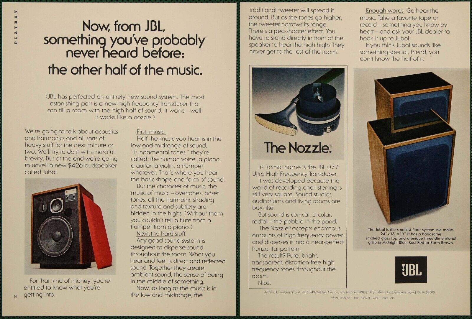 JBL Jubal Stereo Speakers High Frequency Transducer Nozzle Vintage Print Ad 1975