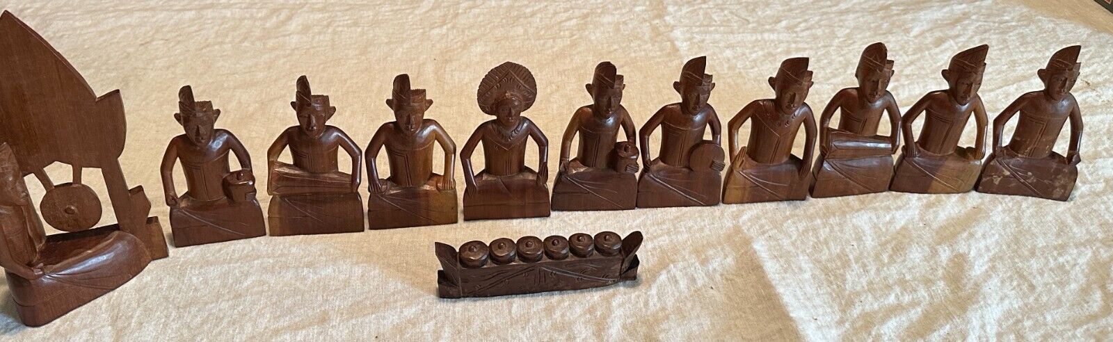 Lot of 12 Small BALI Balinese Small Wood Carvings Musicians and Tribes Folk.