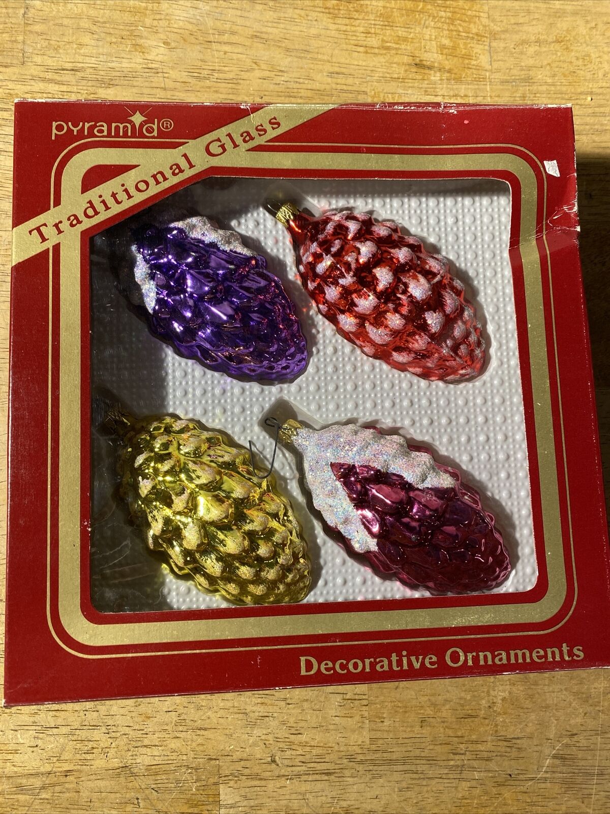 Vintage Pinecone Glass Christmas Ornaments set of 4 Colors 4” Long