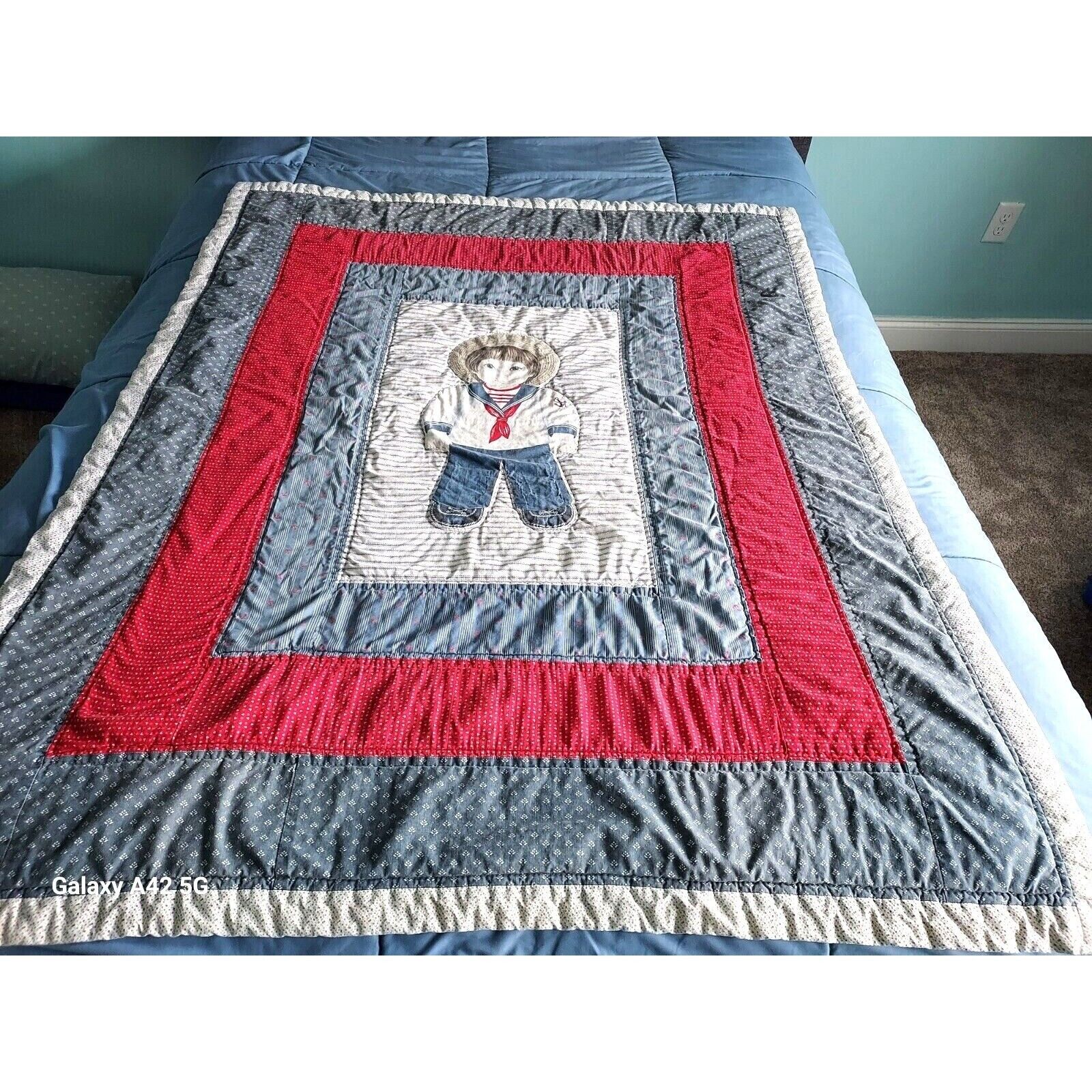 Vintage Baby Quilt Hand Sewn Nautical Saylor Boys 55x44 inches