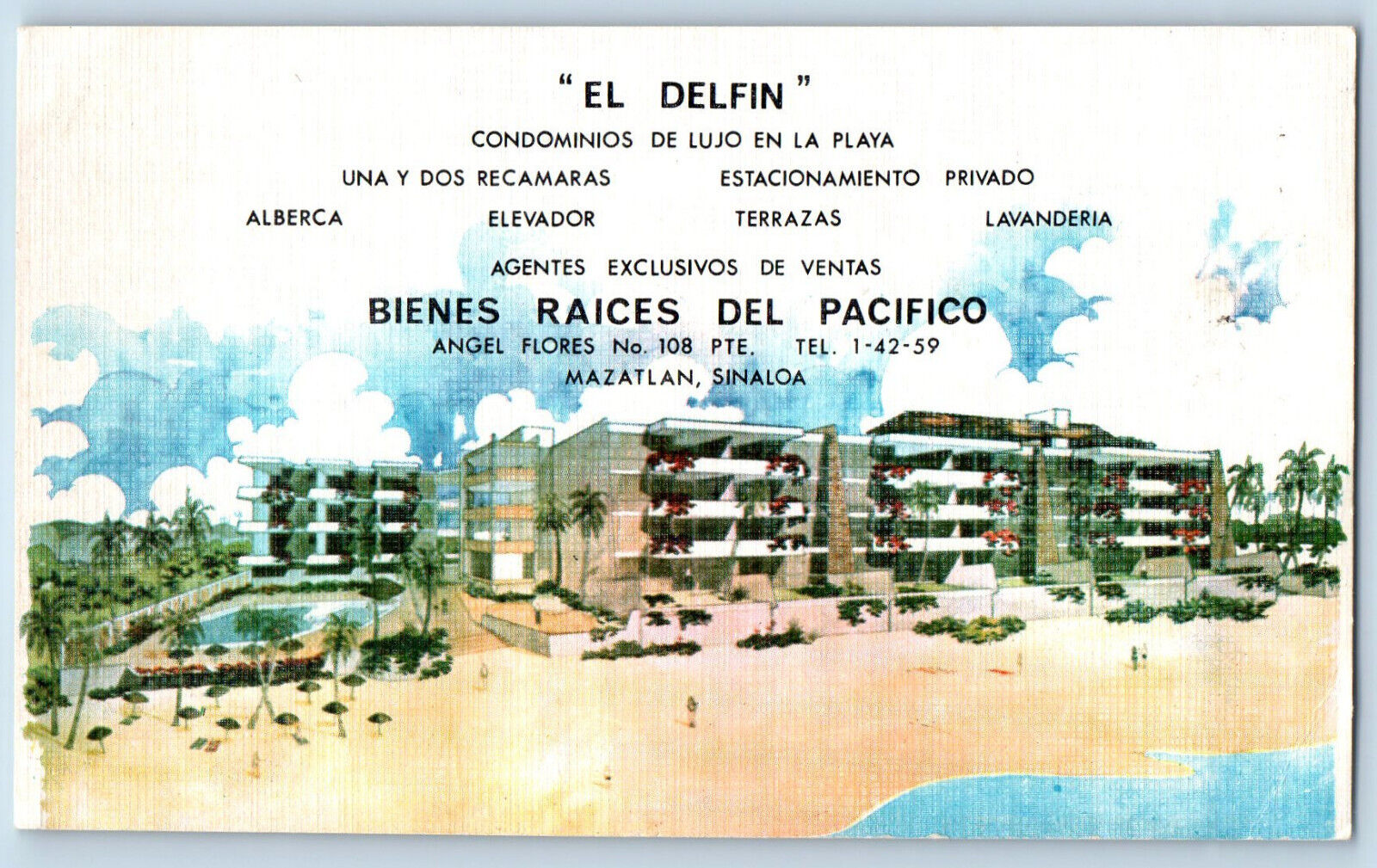 Mazatlan Sinaloa Mexico Postcard El Delfin Pacific Real Estate Beach c1950's