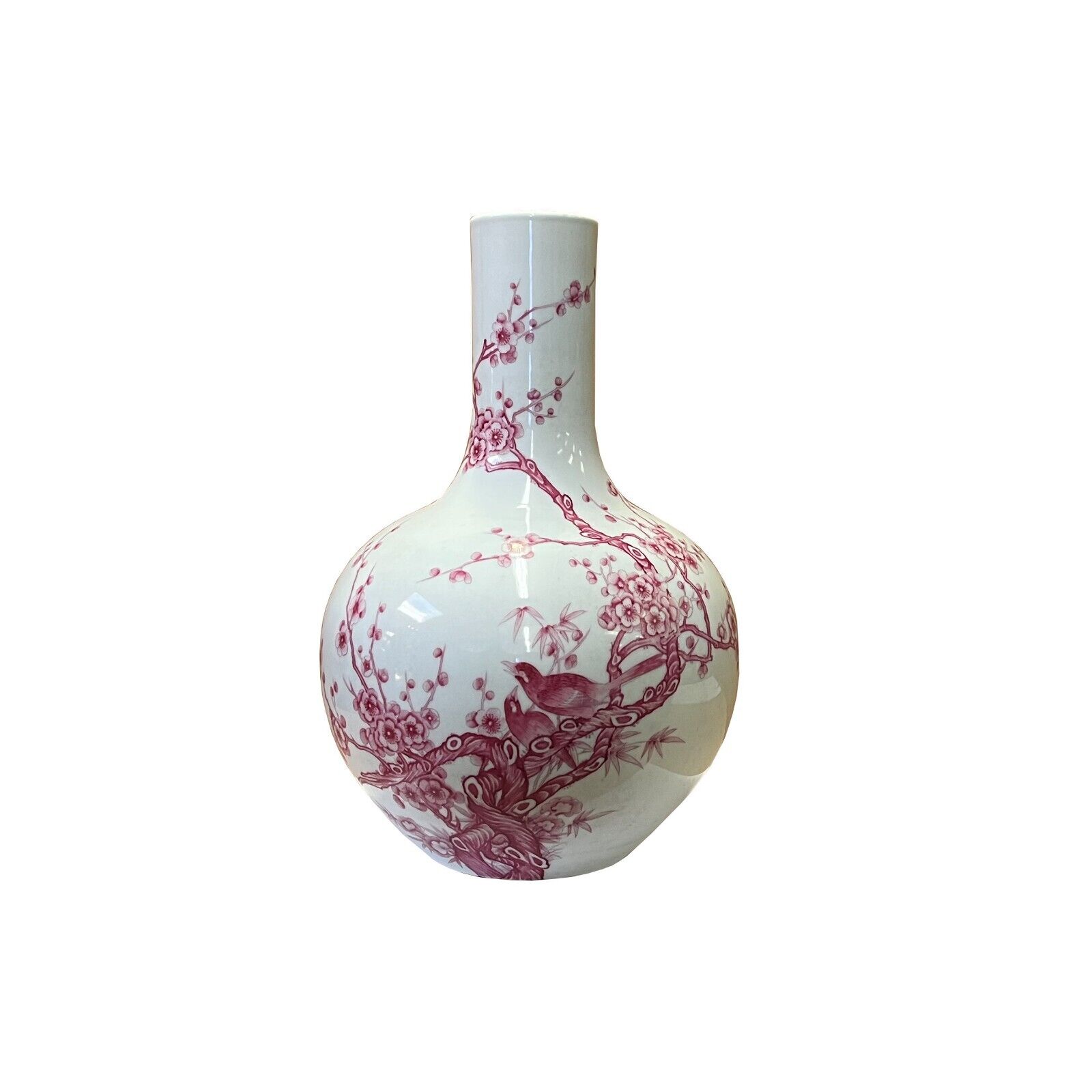 Chinese Porcelain Plum Red Flower Bird Fat Body Shape Vase ws2559
