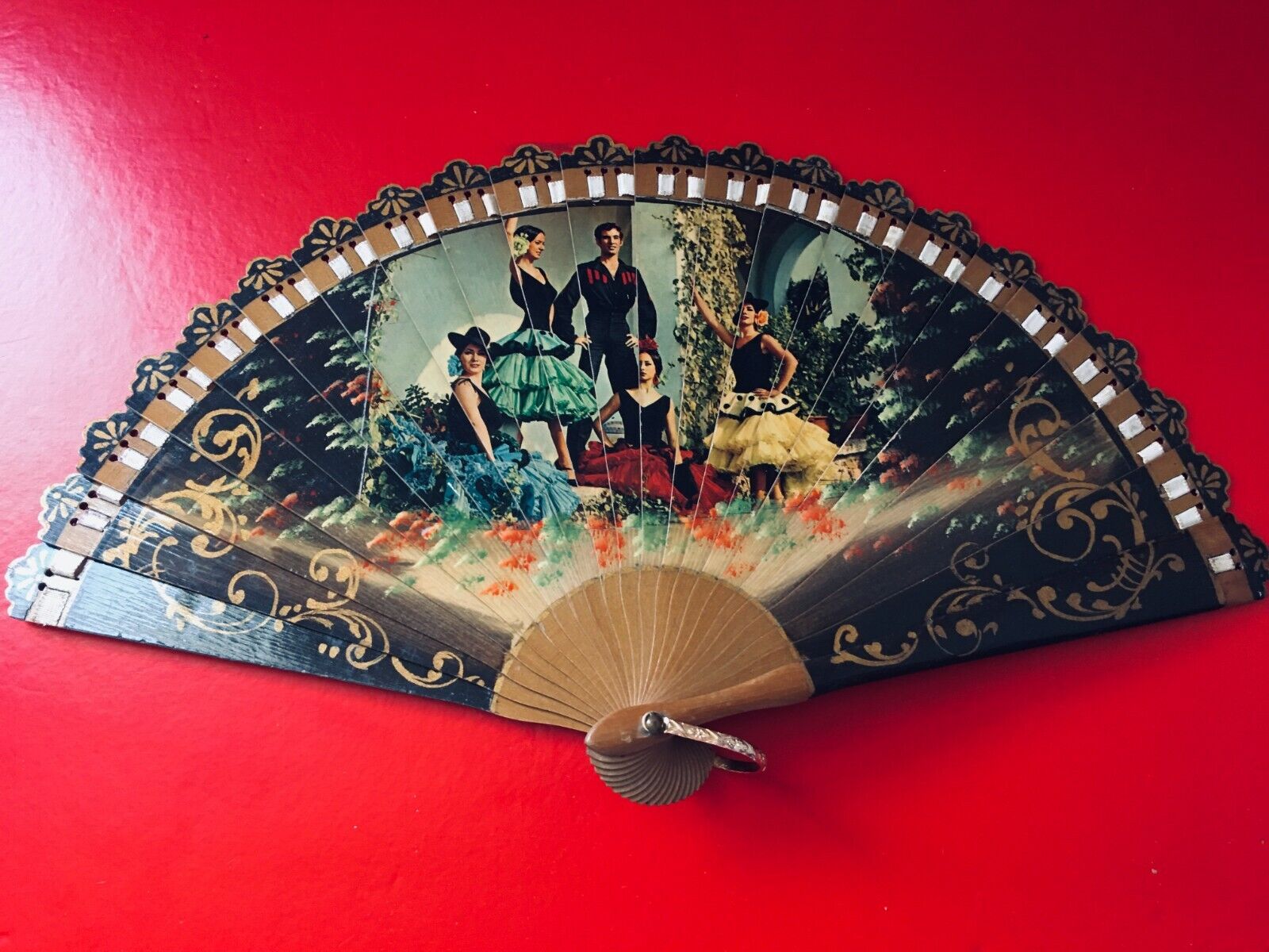 Super Neat Vintage Flamenco Dance Wooden Folding Hand Fan 7.5''
