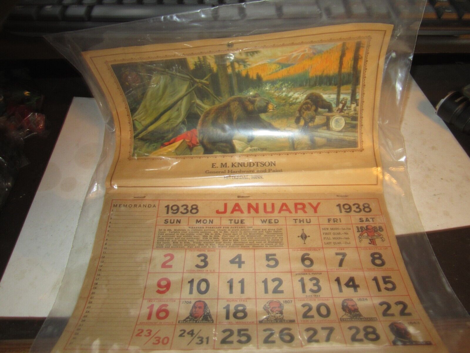 Vintage 1938 Advertising Calendar EM KNUTSON HARDWARE STORE HITTERDAL MN NICE