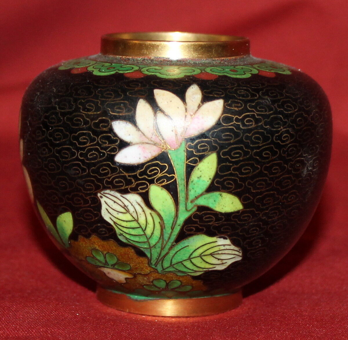 Vintage Small Ornate Floral Enamel Brass Potbelly Vase