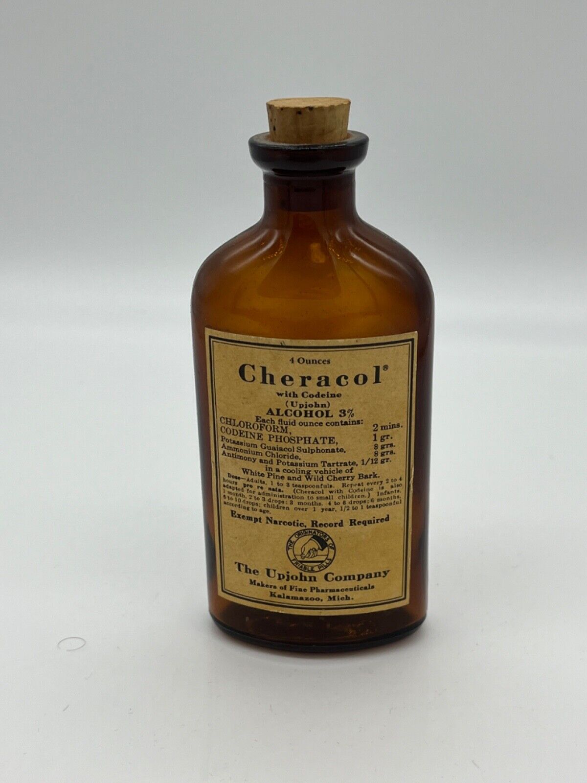VTG Bottle Cheracol brown with label 4 ounces with cork The Upjohn Company