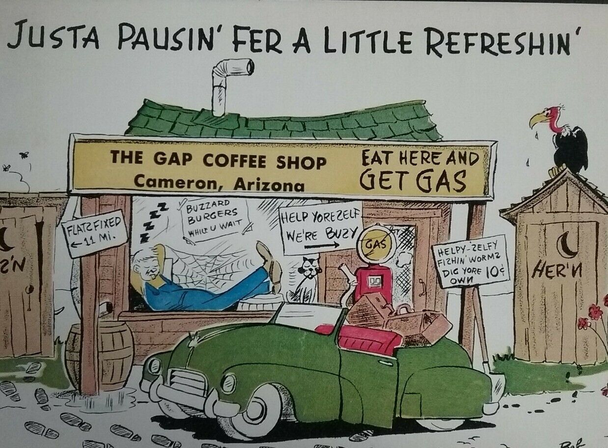 CAMERON AZ Gap Coffee Shop Comic Roadside America Bob Petley 1957 Rural Postmark