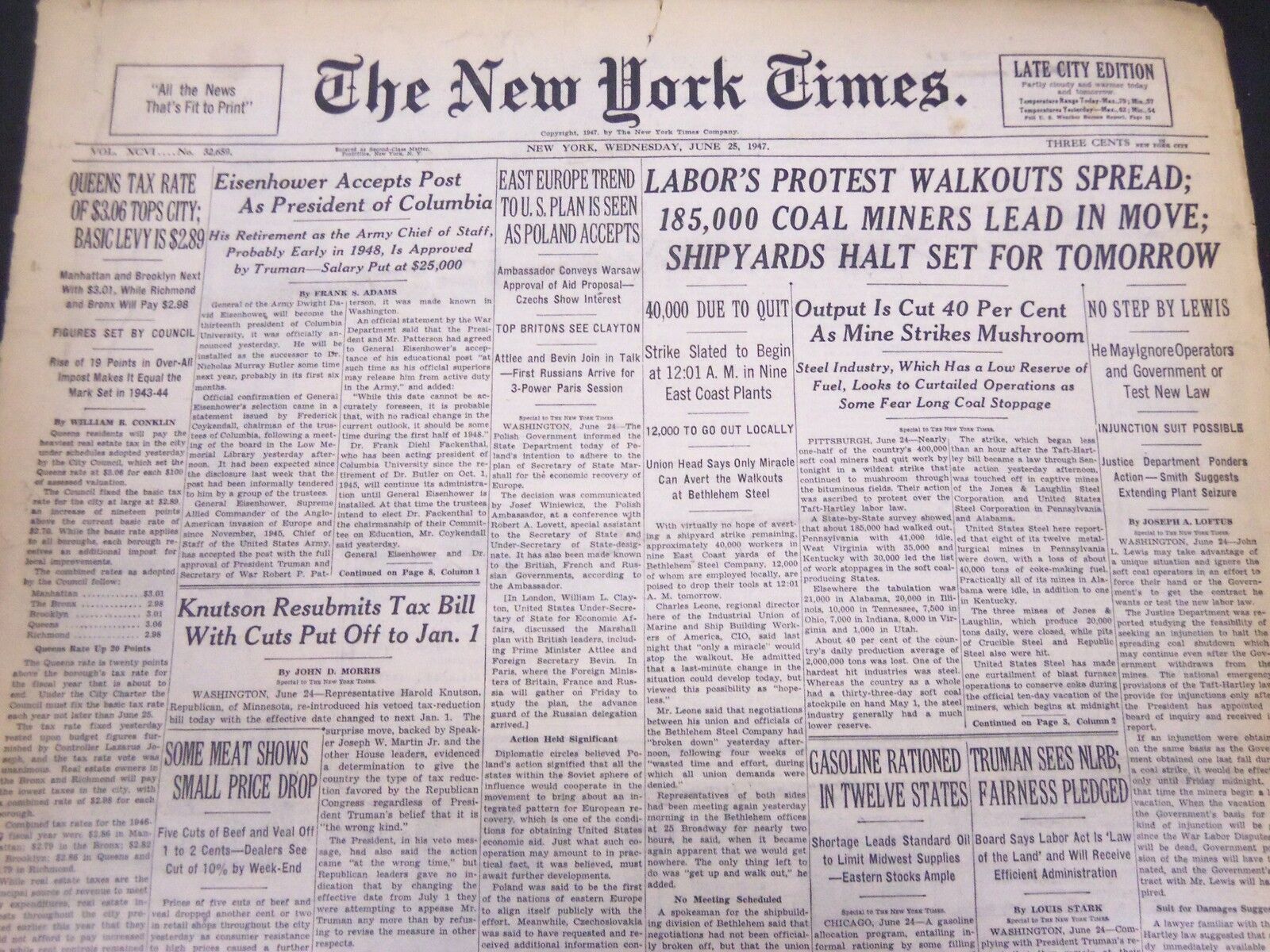 1947 JUNE 25 NY TIMES - EISENHOWER ACCEPTS POST PRESIDENT OF COLUMBIA - NT 5135