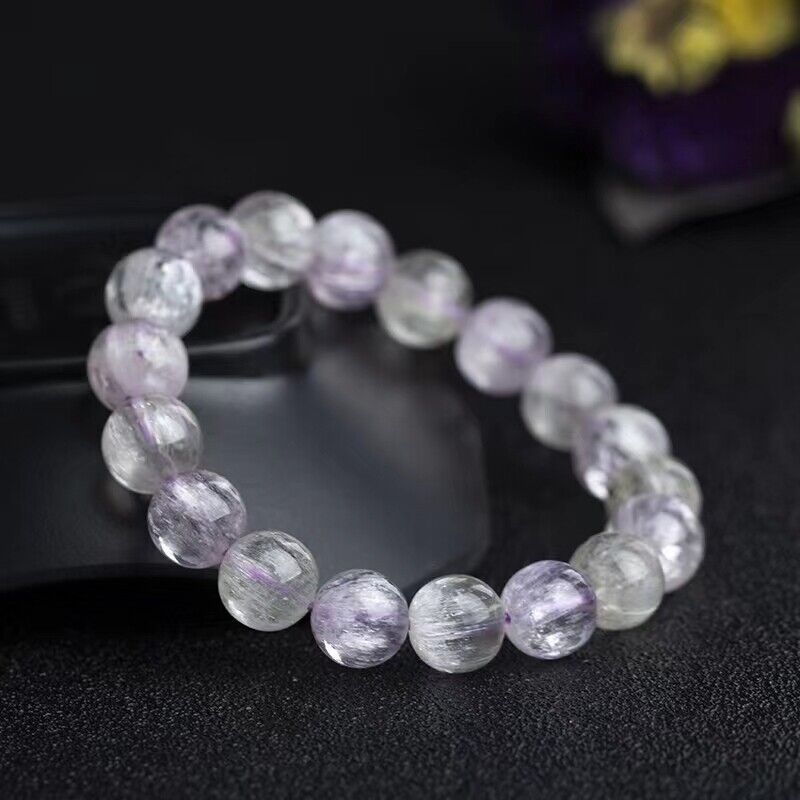 Natural Purple green cat eye Kunzite Genuine Crystal Round Beads Bracelet 10mm