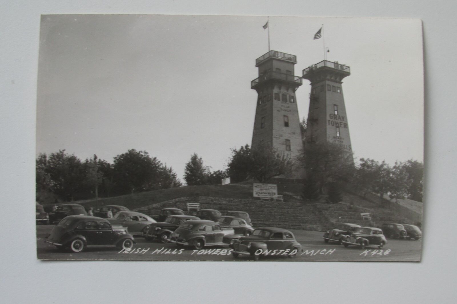 e45 vintage RPPC postcard Michigan MI Onsted Irish Hills Towers old cars